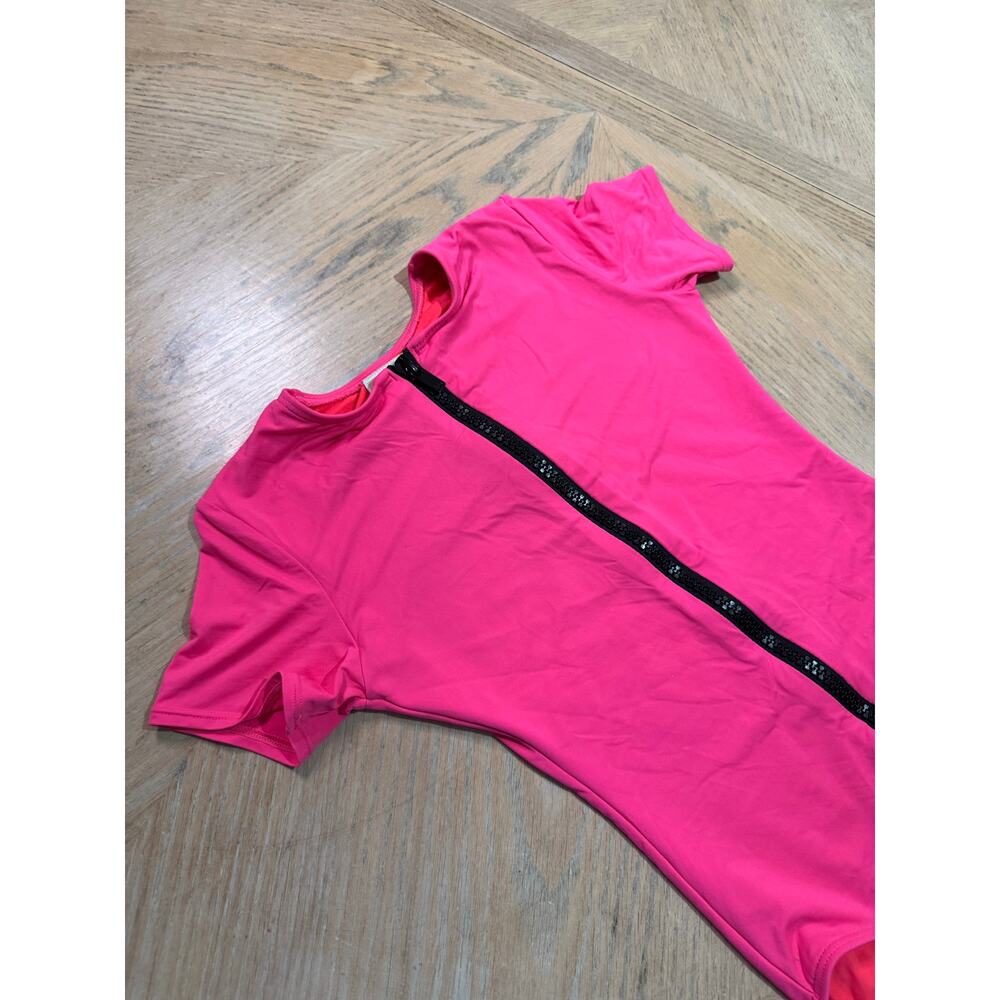 Michael Kors short sleeve neon pink one-piece swimsuit black front zipper size 4 - Picture 3 of 6